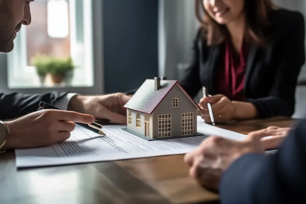 Representação de uma negociação imobiliária, onde três pessoas assinam um contrato com uma miniatura de casa sobre a mesa.