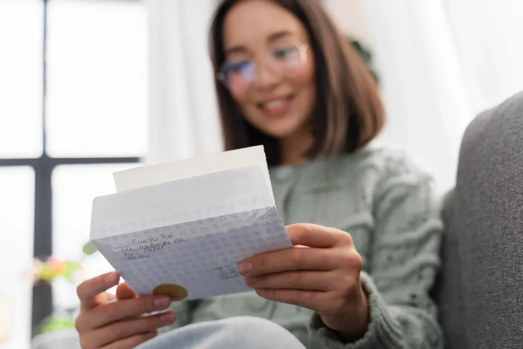 Mulher sorridente abrindo um envelope e lendo uma carta, representando a entrega de documentos importantes, como carta de crédito ou comunicação oficial.