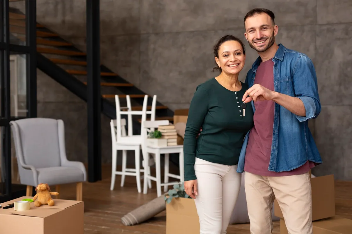 Casal sorridente segura as chaves da casa nova, cercado por caixas de mudança e decoração moderna.