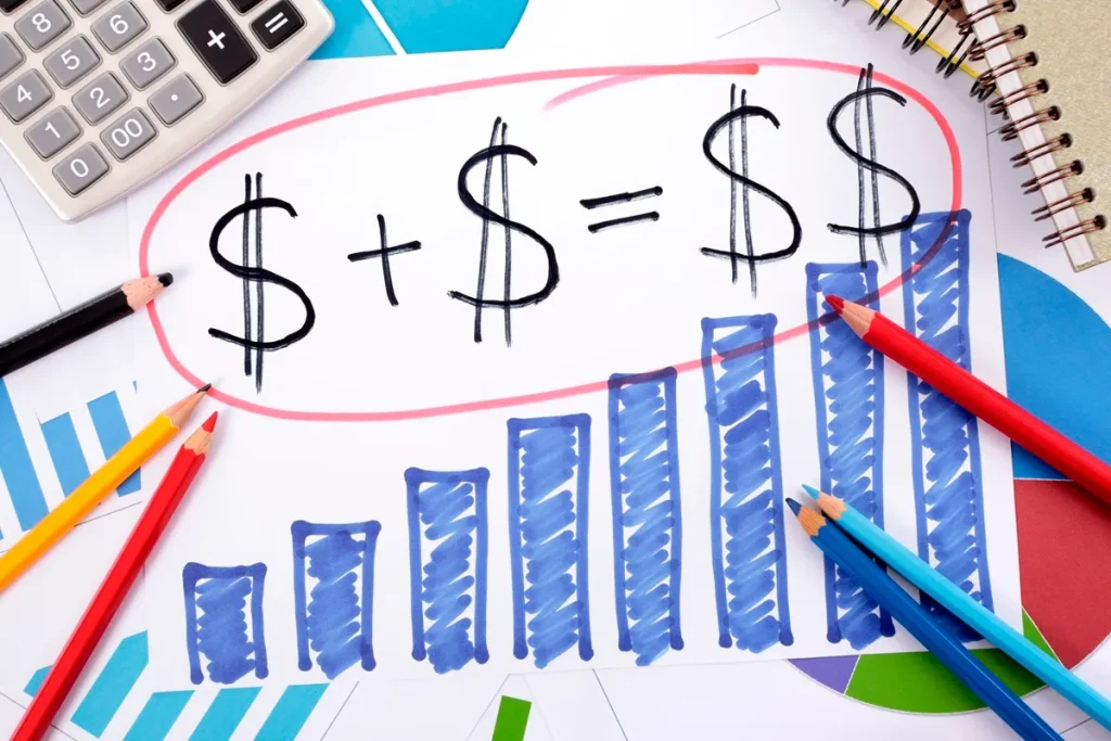 Gráfico de barras colorido mostrando aumento financeiro, com símbolo de dólar e cálculo sobre o valor total