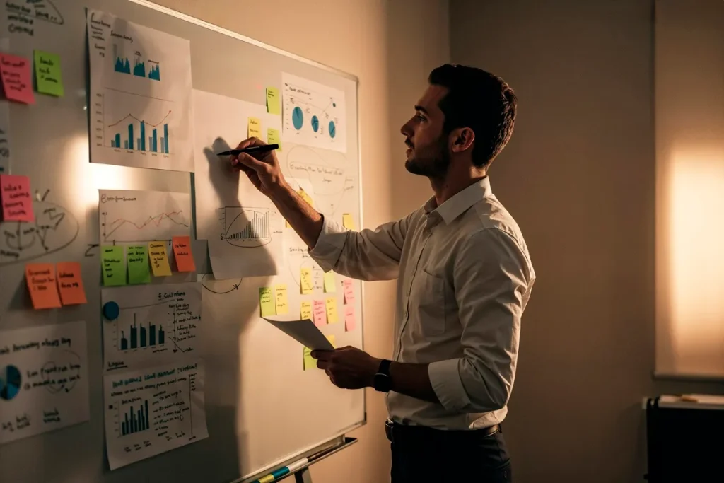 Homem analisando gráficos e escrevendo em quadro branco com post-its coloridos e documentos de planejamento estratégico.