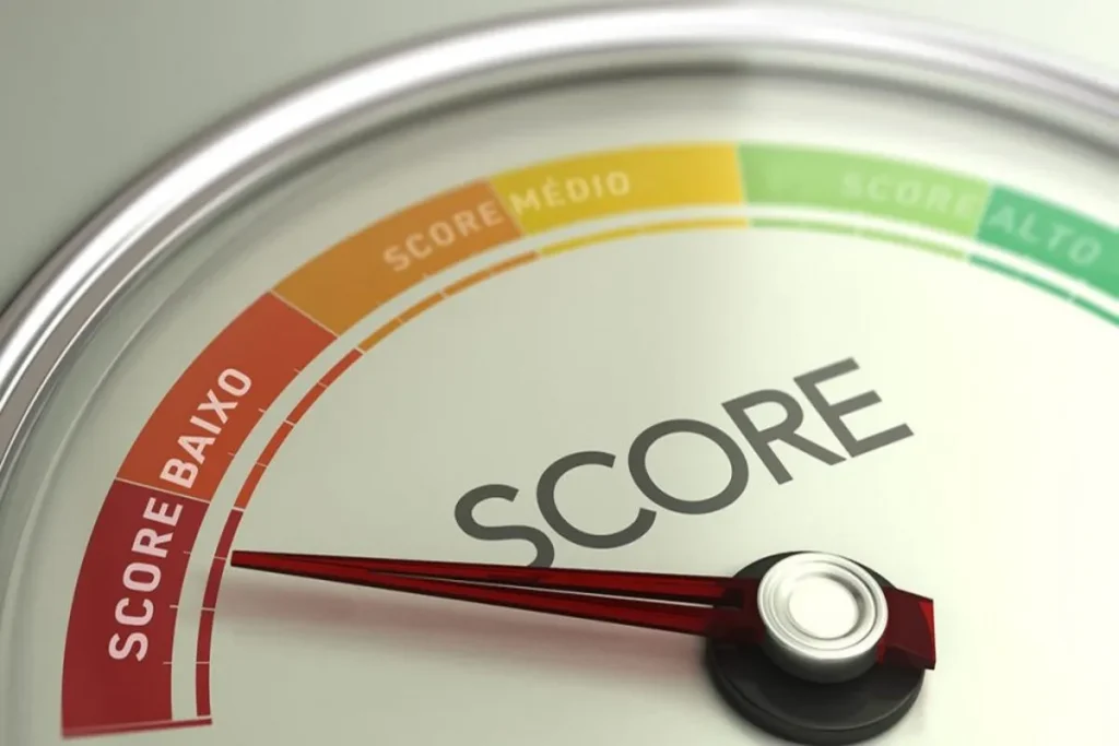 Medidor de pontuação de crédito (score) marcando na área vermelha ("Score Baixo"), com faixas coloridas indicando "Score Médio" (amarelo) e "Score Alto" (verde), simbolizando o risco financeiro.