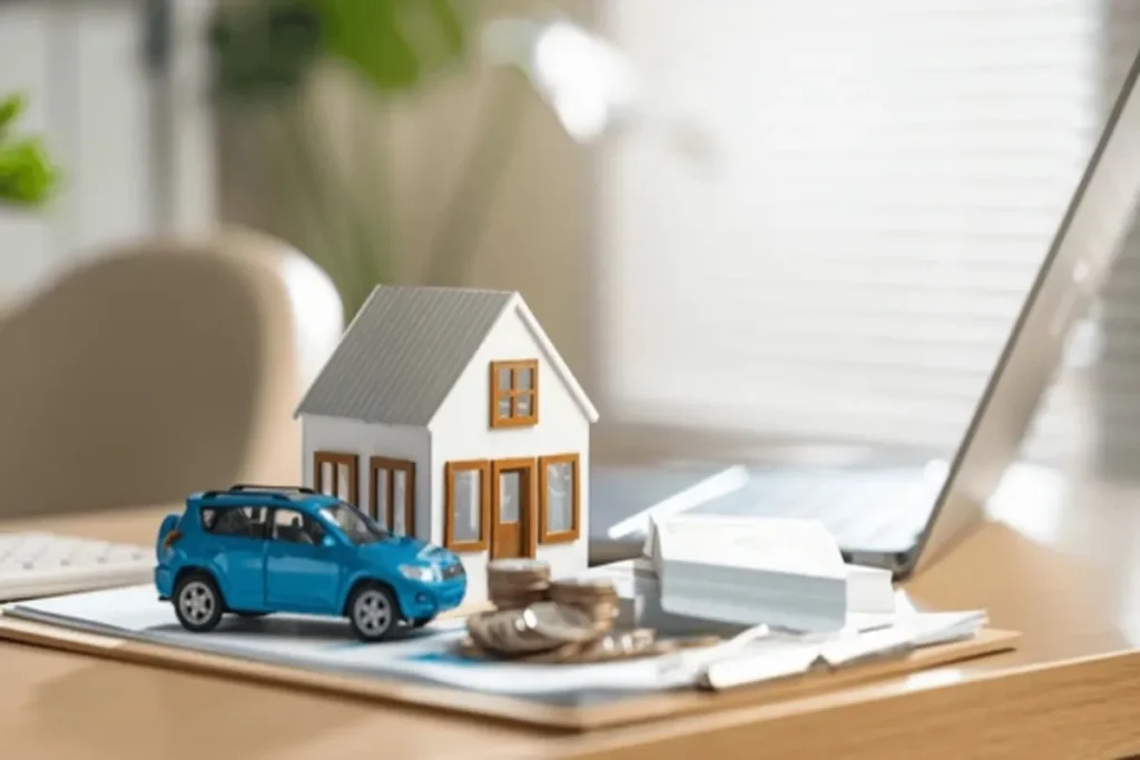 Miniatura de casa e carro azul sobre mesa com moedas, papéis e notebook ao fundo, representando consórcio contemplado.
