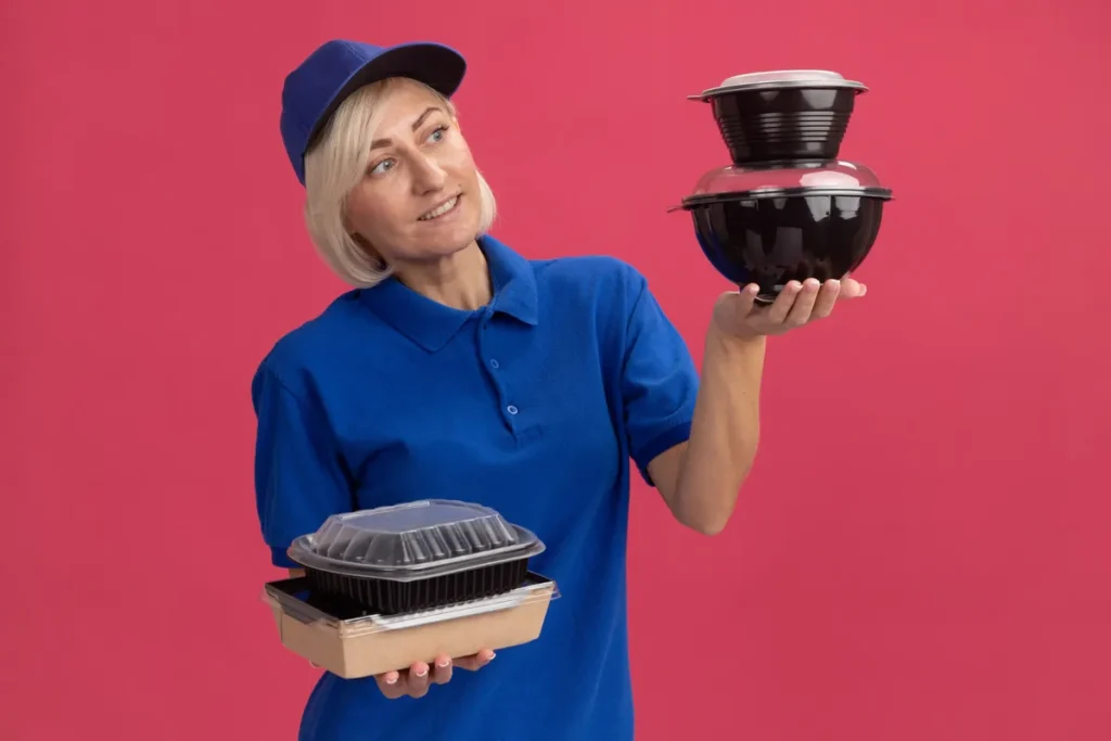 Mulher com uniforme azul segura potes de Tupperware em frente a fundo rosa, representando consórcio de utilitários domésticos

