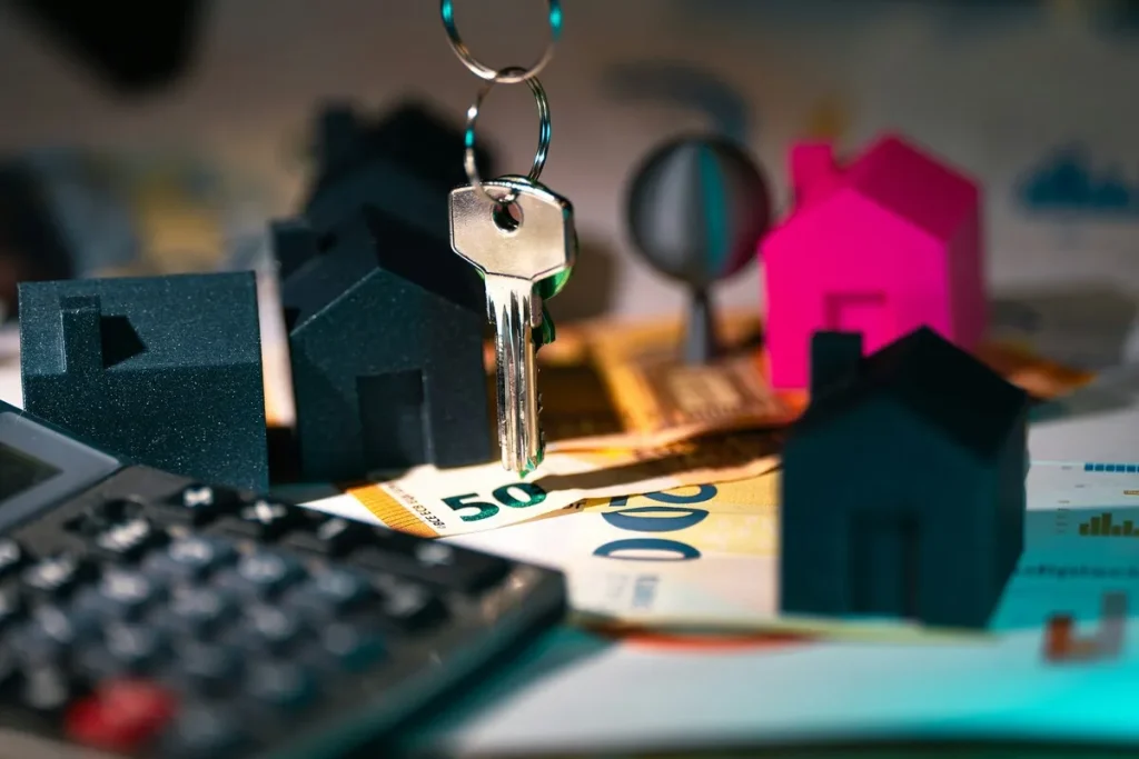 Miniaturas de casas, chave prateada e notas de euro simbolizando consórcio ou financiamento imobiliário