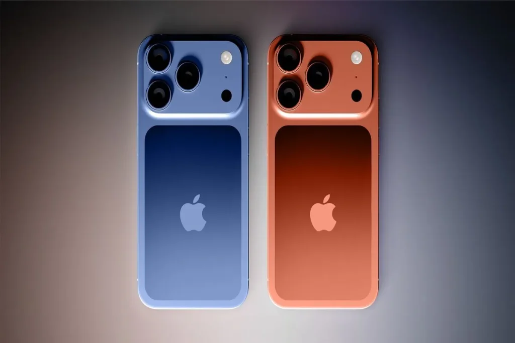 Dois iPhones modernos, um azul e outro vermelho, vistos de costas, ilustrando opções de consórcio de celular com parcelas e planos flexíveis.