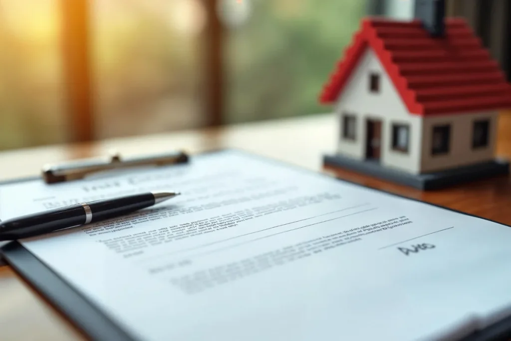 Contrato e modelo de casa, simbolizando o risco de inadimplência em financiamento imobiliário.