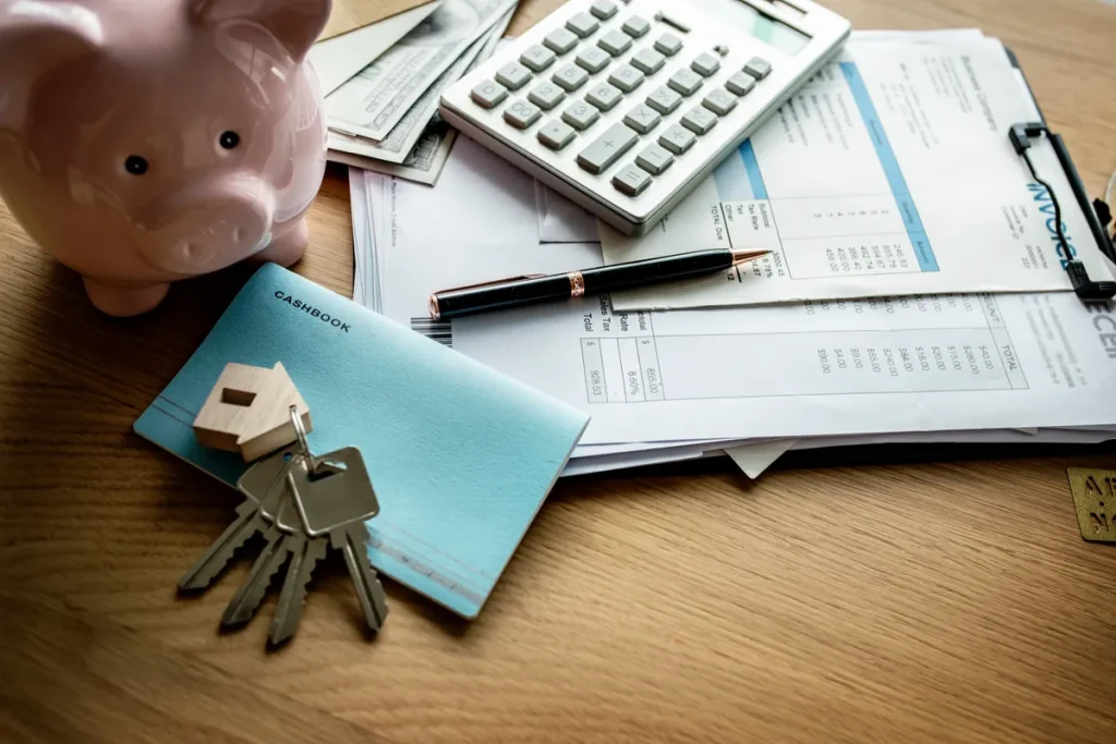 Mesa de escritório com cofre em forma de porquinho, calculadora, faturas, caderno de finanças, chave de casa e dinheiro em espécie, representando planejamento financeiro e consórcio imobiliário.

