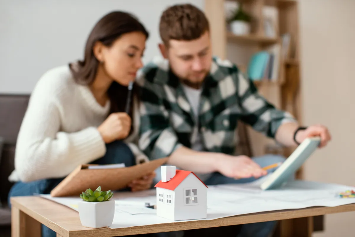 Casal analisando documentos e planejando a compra da casa própria com miniatura de imóvel sobre a mesa, representando consórcio imobiliário.