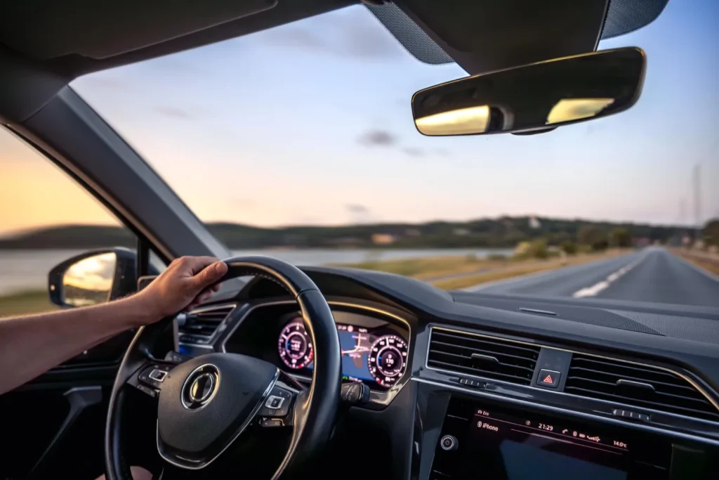 Motorista feliz dirigindo um carro novo, simbolizando a conquista de um veículo com uma carta de crédito contemplada.