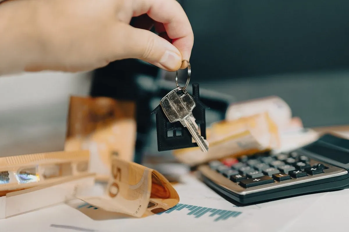 Mão segurando um chaveiro de casa com uma chave, simbolizando a aquisição de um imóvel. Notas de 50 euros enroladas e uma calculadora no fundo representam planejamento financeiro e economia em investimentos.