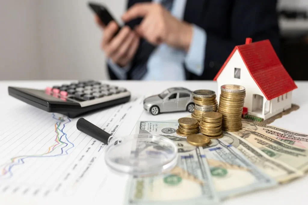 Objetos sobre uma mesa (dinheiro, calculadora, lupa, modelos de casa e carro), com uma pessoa usando o celular ao fundo, ilustrando o planejamento financeiro e a solicitação de um 'empréstimo pessoal'.