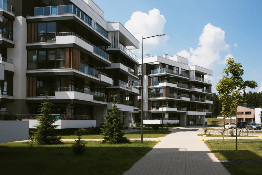 Conjunto de edifícios de apartamentos residenciais modernos com fachadas de design contemporâneo em uma área com gramados e árvores, ilustrando a palavra-chave 'mercado imobiliário' e novos empreendimentos.