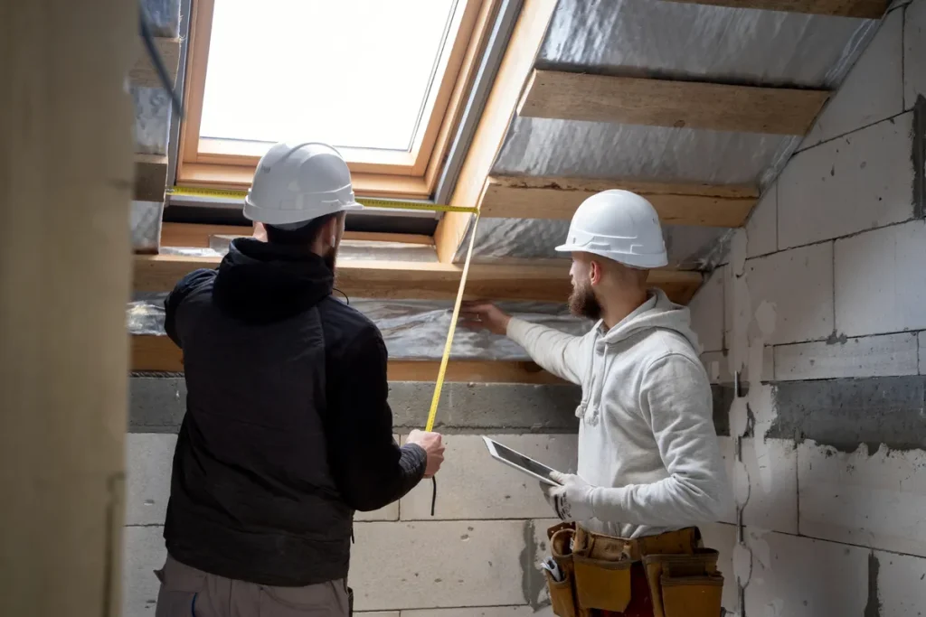 Dois trabalhadores da construção civil, usando capacetes brancos, medem o telhado de uma obra inacabada. A imagem ilustra o contexto de projetos de construção, onde o INCC (Índice Nacional de Custo da Construção) é um fator importante.