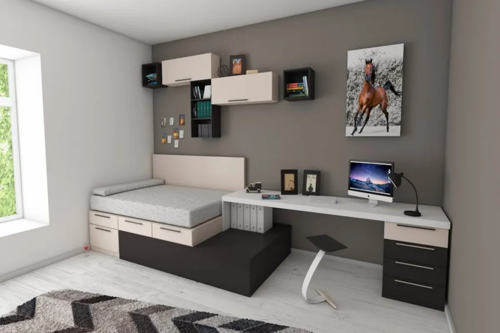 Quarto de solteiro moderno e funcional, com cama de solteiro com gavetas embutidas, escrivaninha branca e armários suspensos.