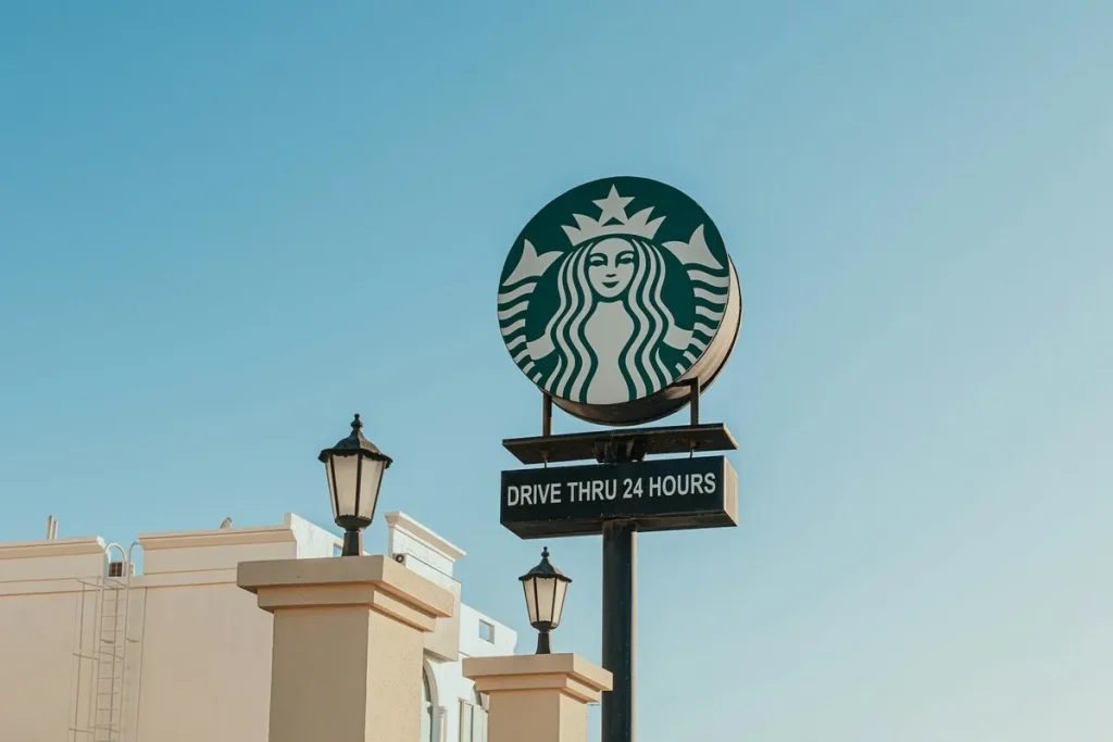 Placa de sinalização de uma franquia Starbucks com a logo e indicando "Drive Thru 24 Hours" sob um céu azul.