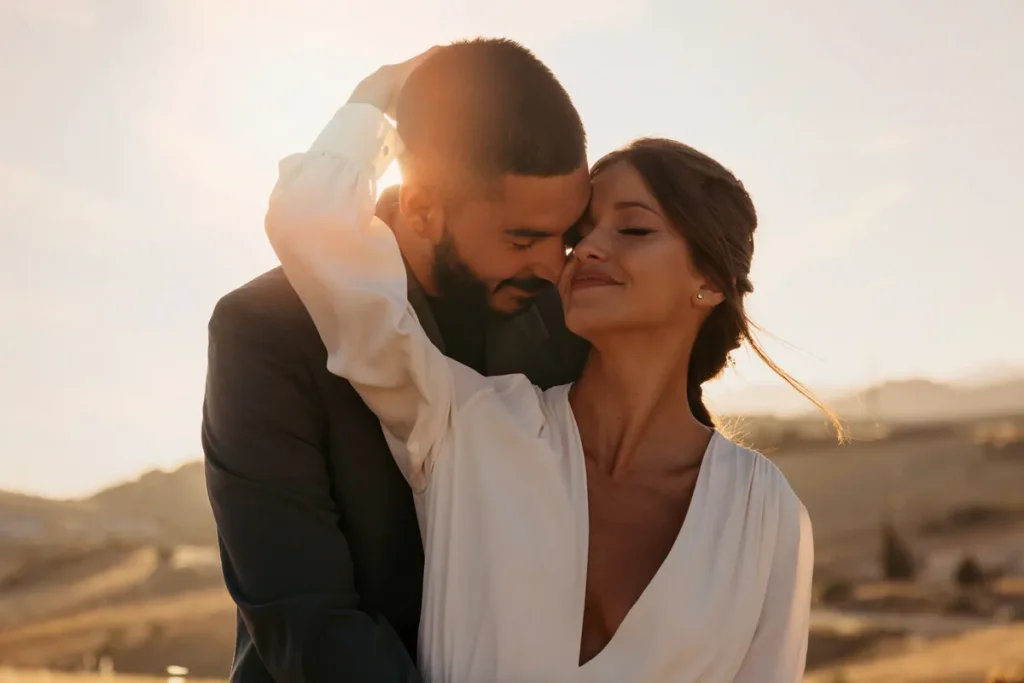 Um casal de noivos se abraçando romanticamente em um cenário ao ar livre com a luz do sol poente, ilustrando a palavra-chave 'lugares para passar lua de mel'.