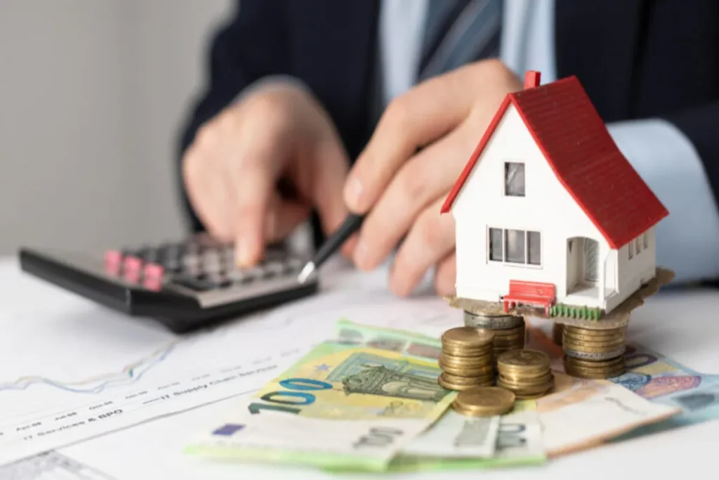 Um consultor financeiro usa uma calculadora, enquanto um modelo de casa está sobre uma pilha de dinheiro e moedas. A imagem representa o planeamento financeiro para dar um lance em um consórcio e comprar uma casa.