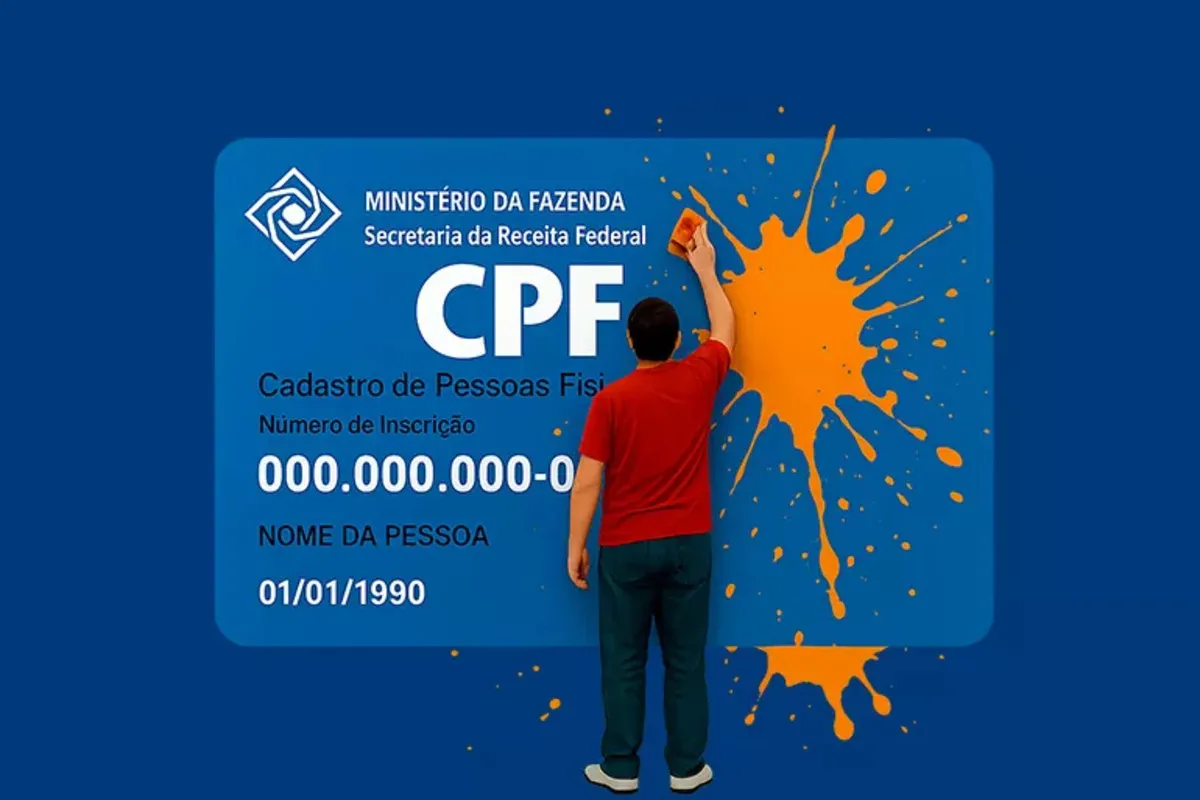 Homem apagando mancha laranja sobre um cartão de CPF estilizado, representando a limpeza do nome sujo através da regularização do CPF.