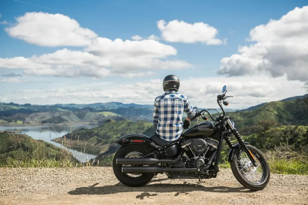 Motociclista de capacete e camisa xadrez, sentado em uma moto Harley-Davidson, apreciando a vista de um lago e montanhas.