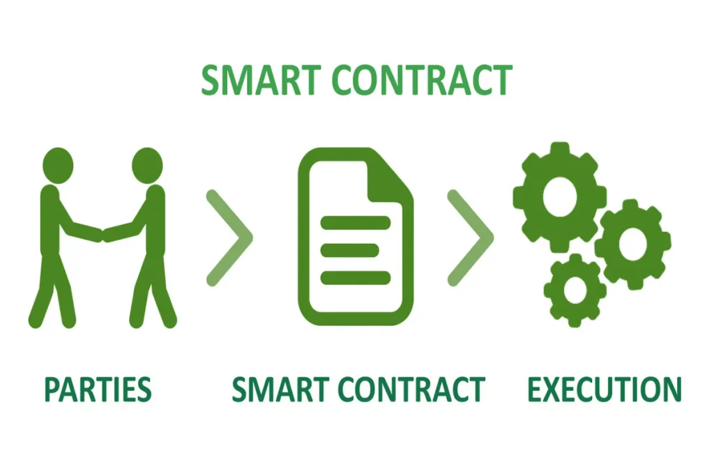 Infográfico sobre smart contracts, mostrando três estágios: Partes, Smart Contract e Execução, com setas indicativas entre eles.