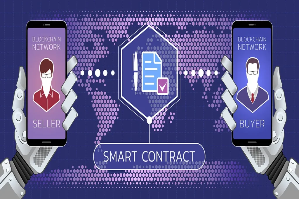 Ilustração digital de um smart contract mediando uma transação entre um Vendedor e um Comprador, representados em smartphones.