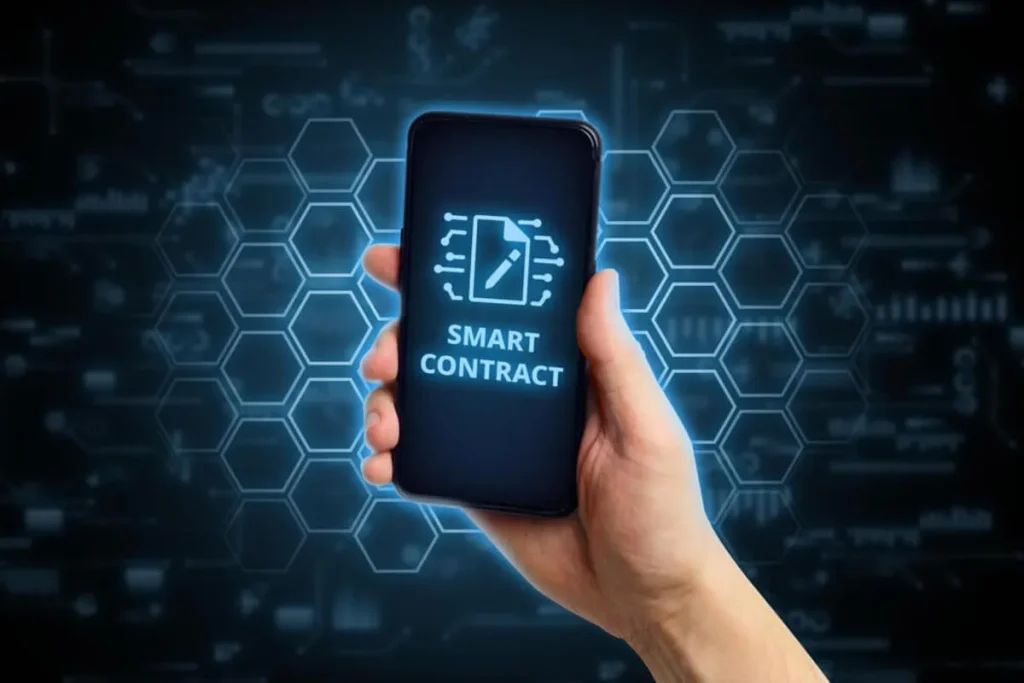 Mão segurando um smartphone com um ícone digital de smart contracts em uma tela azul escura com um fundo de rede hexagonal.