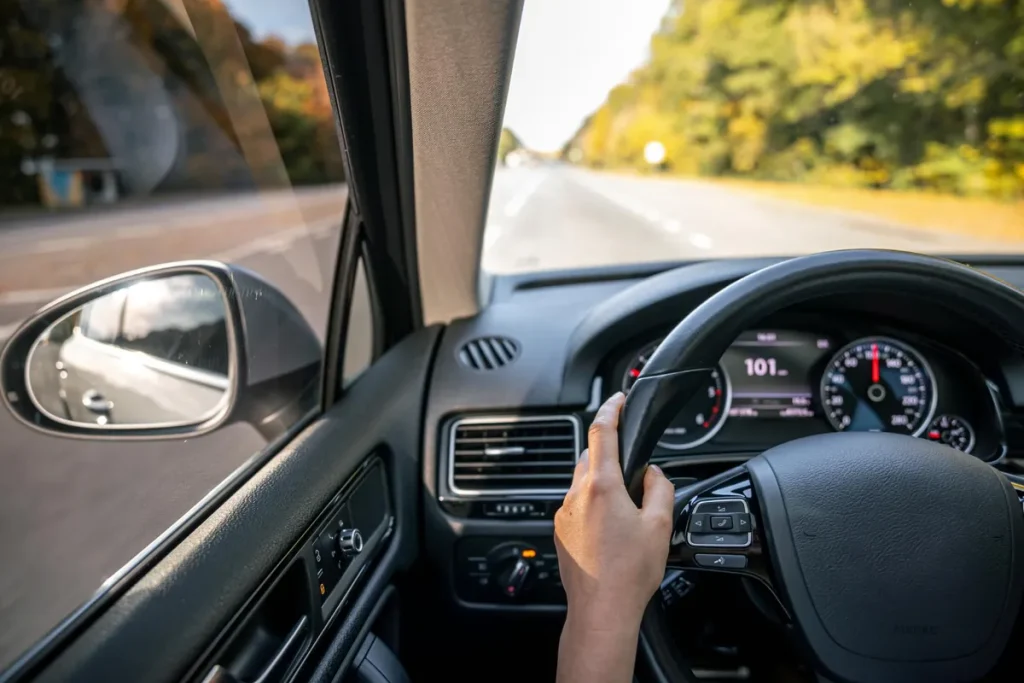 Motorista com a mão no volante, dirigindo um veículo em uma estrada arborizada, representando a aquisição de carro com carta de crédito de consórcio.