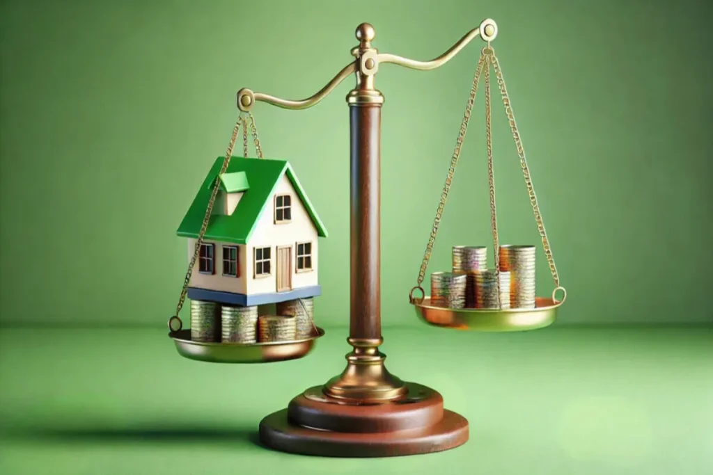 Balança equilibrando uma casa e pilhas de moedaBalança equilibrando uma casa e pilhas de moedas, simbolizando estabilidade financeira.s, simbolizando estabilidade financeira.