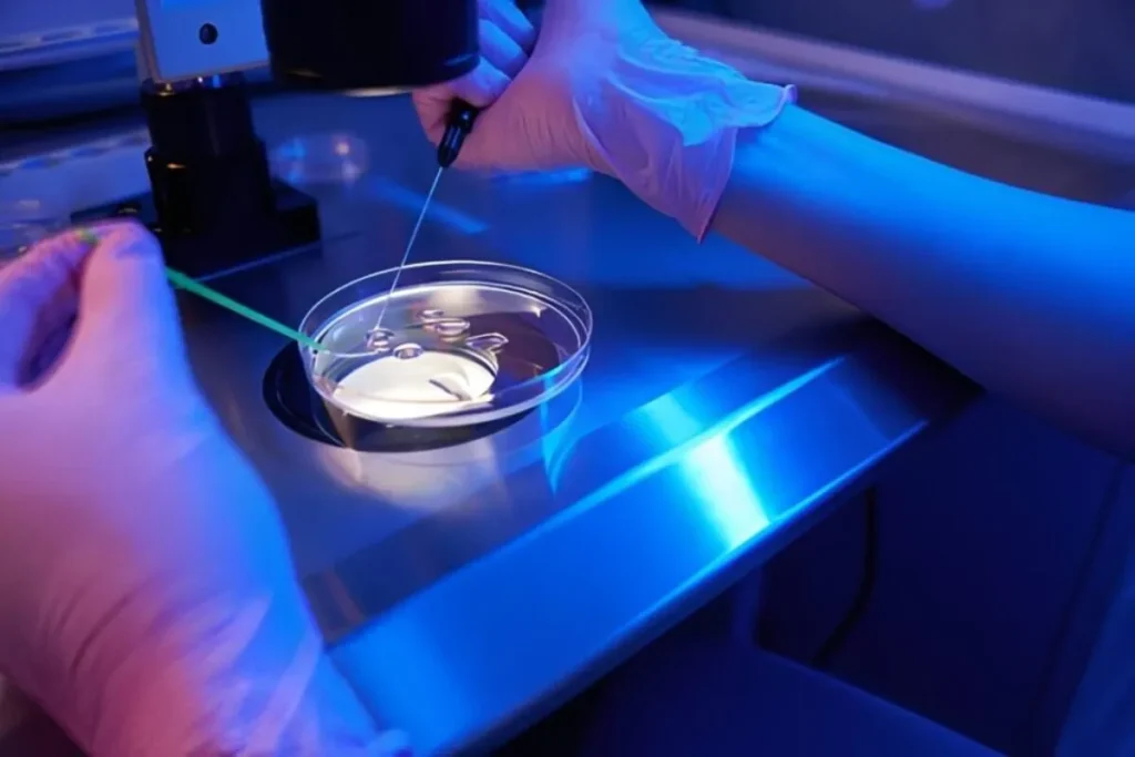 Mãos de um embriologista usando luvas, manipulando uma placa de Petri com ferramentas e um microscópio para realizar a fertilização in vitro em laboratório.