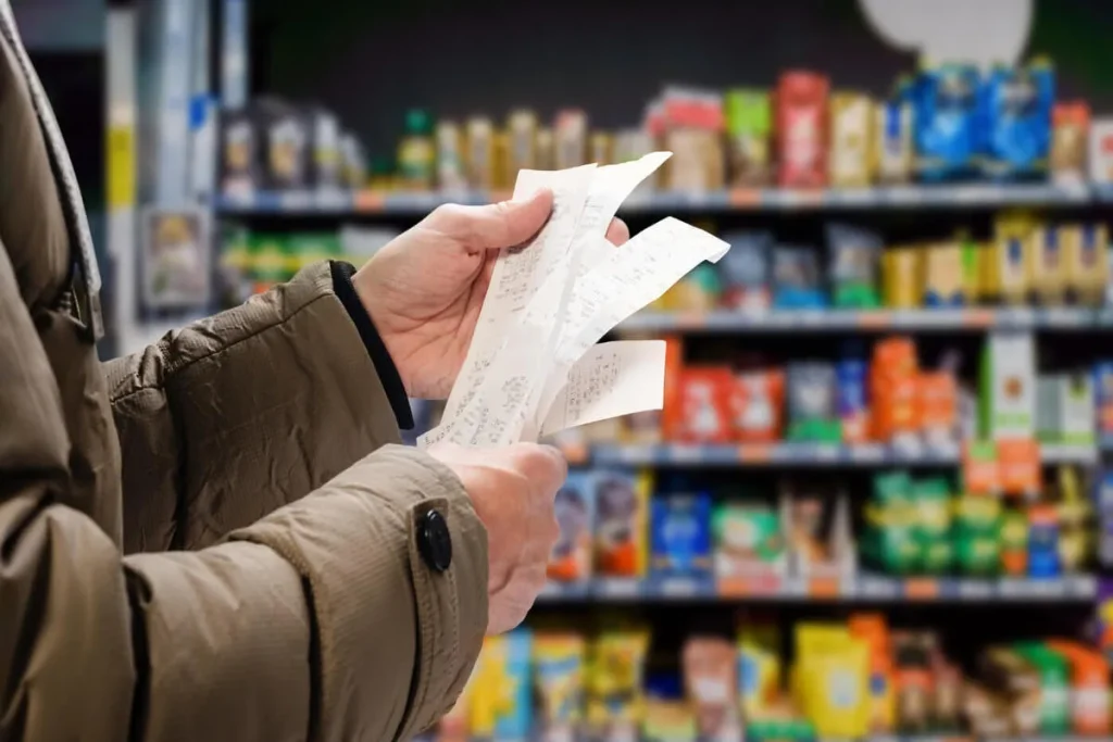 Pessoa analisa notas fiscais em supermercado, representando impacto da inflação e variações do IPCA nos preços dos alimentos.