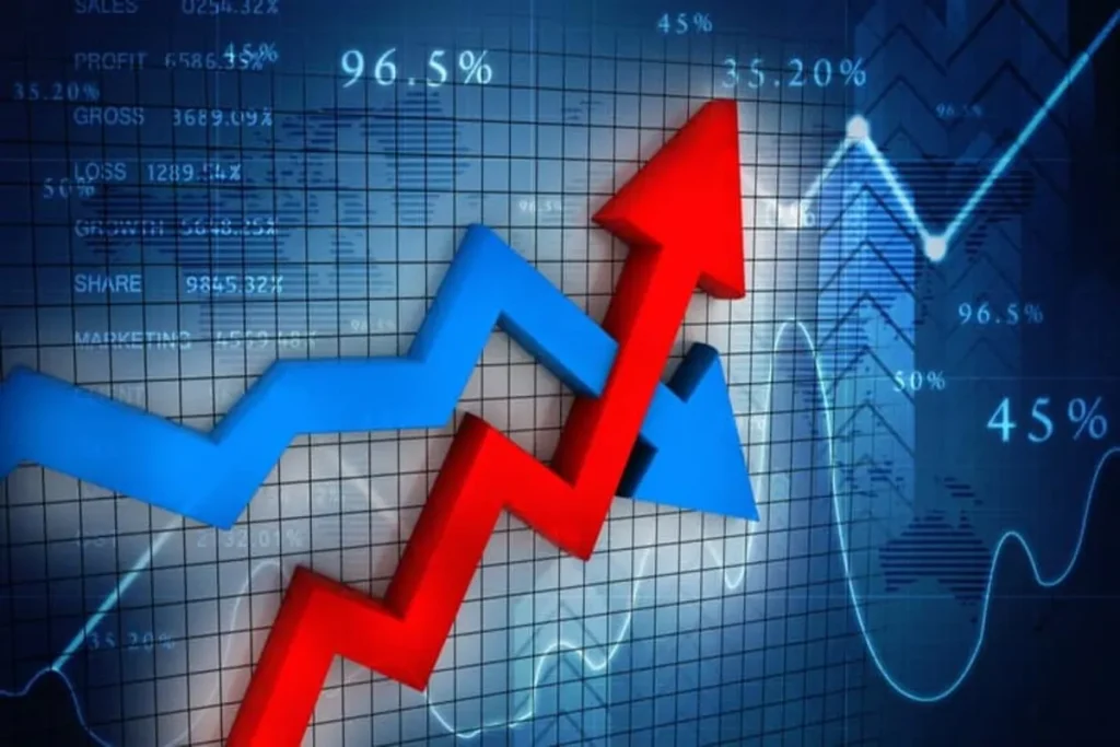 Gráfico financeiro com setas azul e vermelha representando a inflação e suas variações no mercado.
