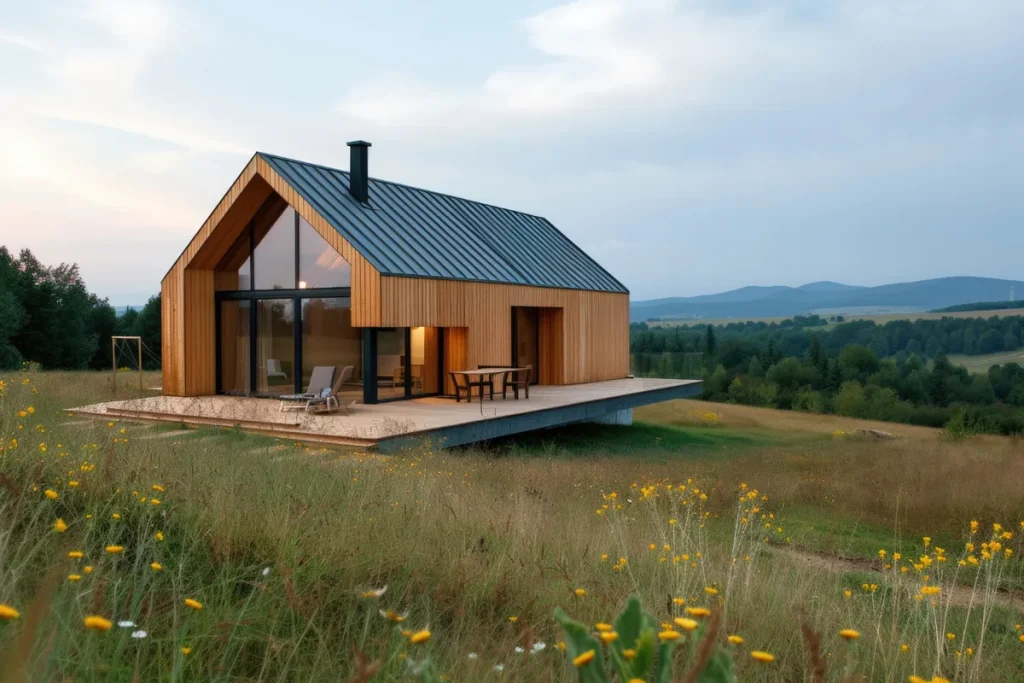 Casa compacta de design moderno com telhado de metal escuro (A-frame), revestimento de madeira clara e grandes janelas, elevada sobre deck, em paisagem rural e montanhosa com flores amarelas.