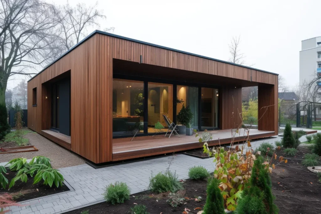 Casa modular contemporânea de um andar com revestimento de madeira avermelhada, grandes janelas de vidro e um deck na frente, em um jardim paisagístico em um dia nublado.