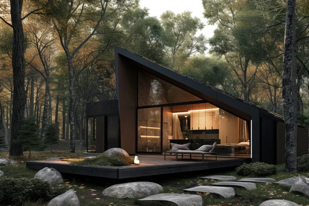 Cabana moderna e minimalista com telhado inclinado e fachada de vidro, construída em deck de madeira elevado em uma floresta com árvores altas e pedras ao redor, ideal para um retiro na natureza.