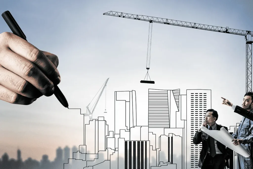 Montagem visual mostrando um arquiteto e um engenheiro discutindo um projeto de incorporação imobiliária (esboço de edifícios) com a ajuda de um guindaste em uma cena gráfica.