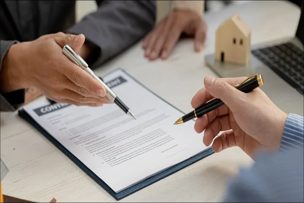Duas pessoas com canetas prestes a assinar um contrato de compra e venda ou financiamento imobiliário, com uma maquete de casa ao fundo, representando a formalização para o registro de imóvel.