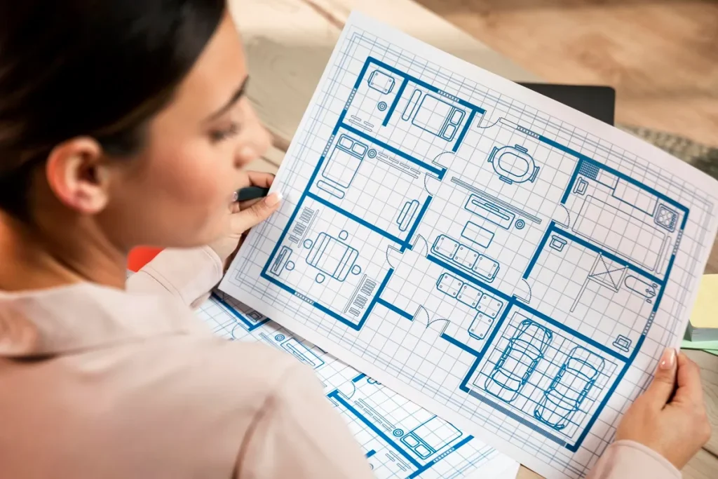 Mulher segurando planta arquitetônica azul de um imóvel, observando o projeto com atenção sobre uma mesa de trabalho.