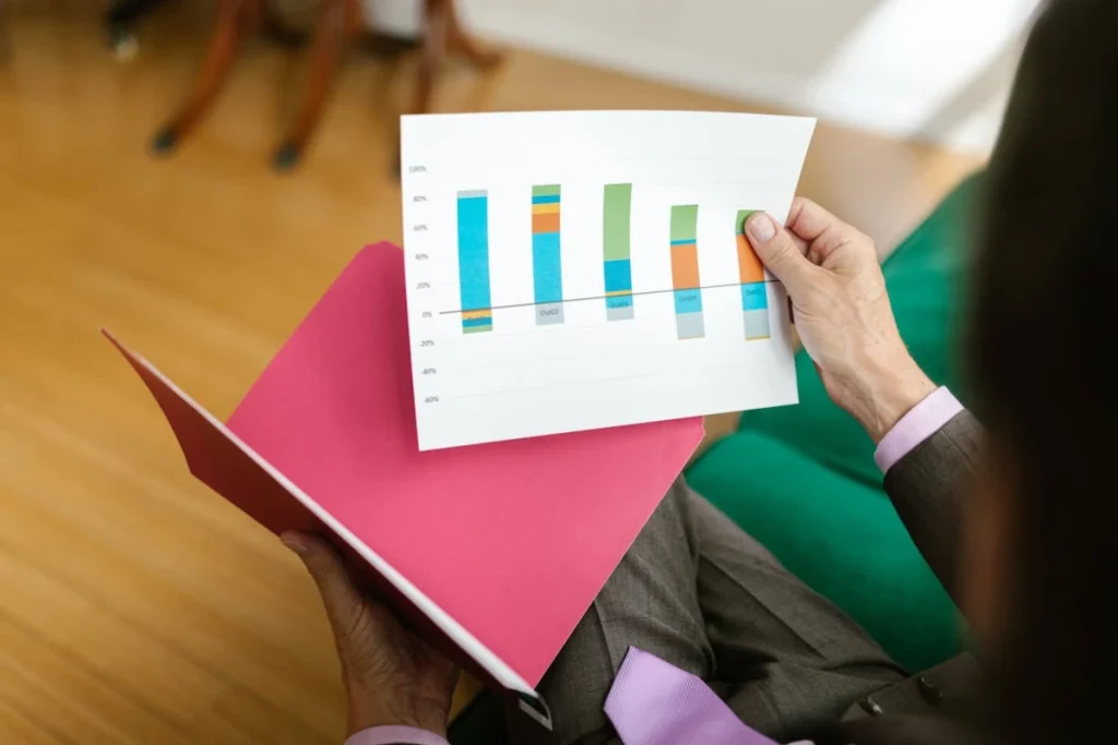 Pessoa segurando uma folha com gráficos em colunas
