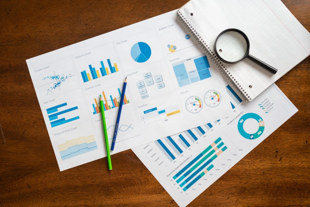 Folhas espalhadas com vários gráficos